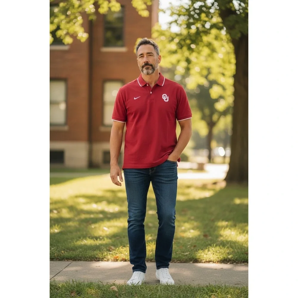 266 Nike Oklahoma Sooners OU Polo Shirt Mens Medium Red Short Sleeve NCAA
